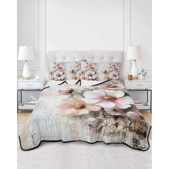 Quilts King Size, Pink Spring Floral Soft Comforter Bedding Set for Bed, Vintage Botanical Retro Flowers Lightweight Quilted Bedspread with Pillow Cover(2 Pieces) for All Season, 96x106 Inch