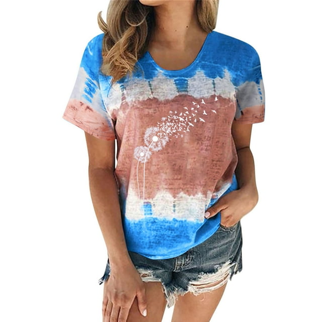 Hauts pour Femmes Décontractés Été Manches Courtes Tunique Ample T-Shirts Habillés Henley Col Rond Mode Imprimé Blouses Basiques