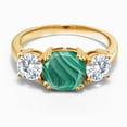 thumbnail image 2 of Gem Stone King 18K Yellow Gold Plated Silver Green Malachite and White Moissanite 3 Stone Engagement Ring for Women (4.00 Cttw, Cushion 8MM, Size 7), 2 of 5