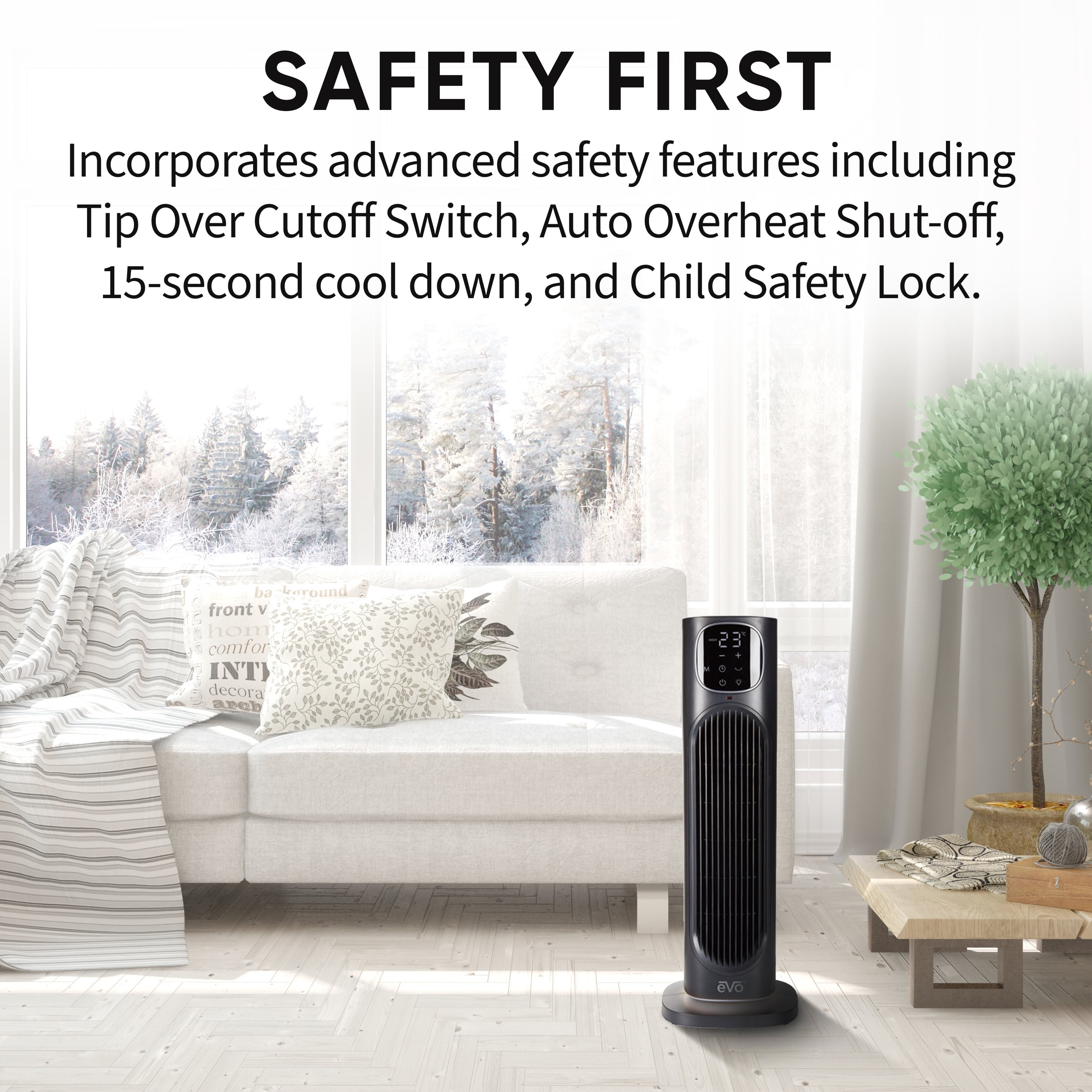 EVO Digital Tower Ceramic Heater (with Remote Control) – Automatically Conserves Energy, Tip Over Cutoff Switch, and Child Safety Lock