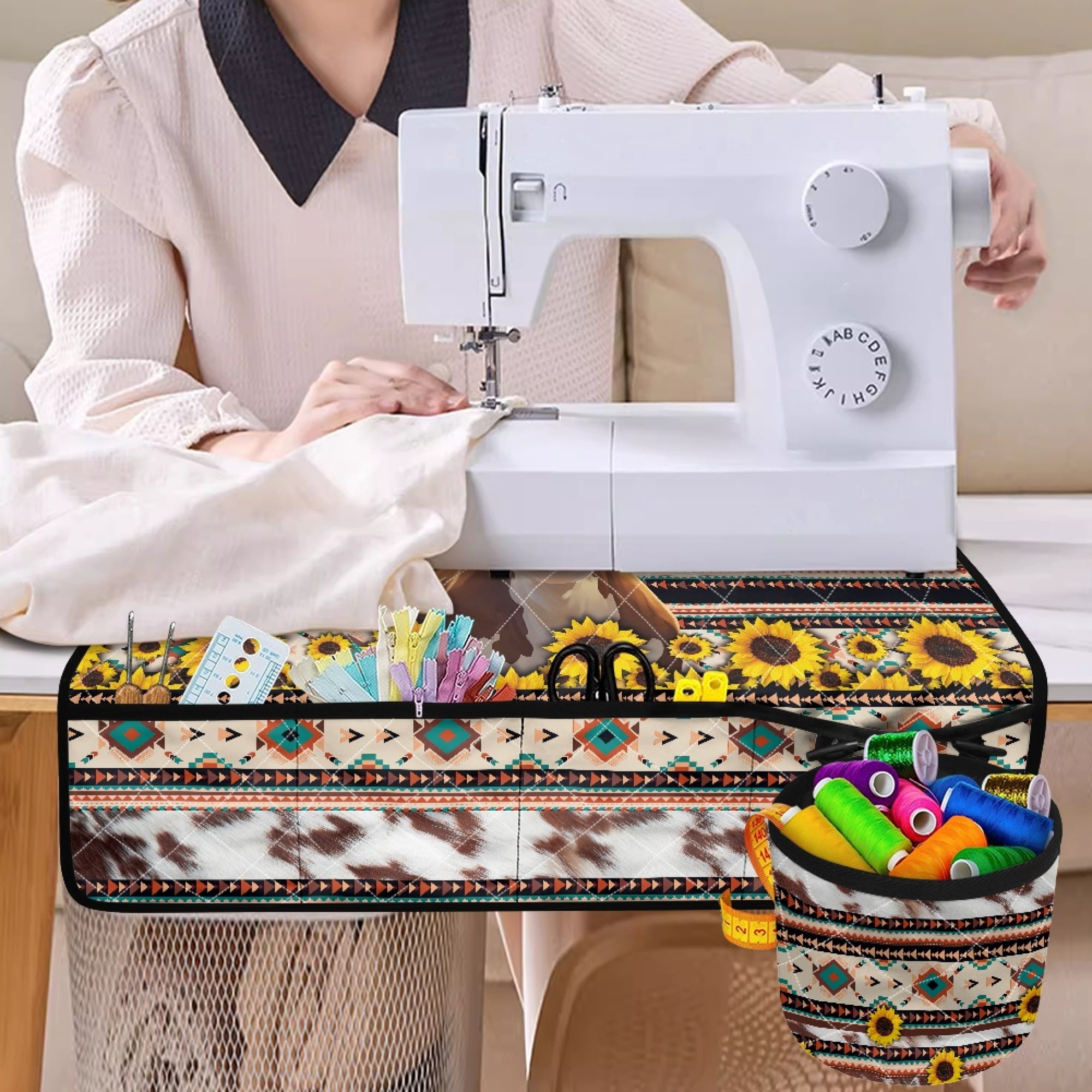ZIATUBLE Aztec Ethnic Sewing Machine Mat Sunflower Cow Sewing Machine Mat Organizer Cow Print Sewing Machine Mat Reduce Vibration Sewing Machine Pad with Pockets for Sewing Classes