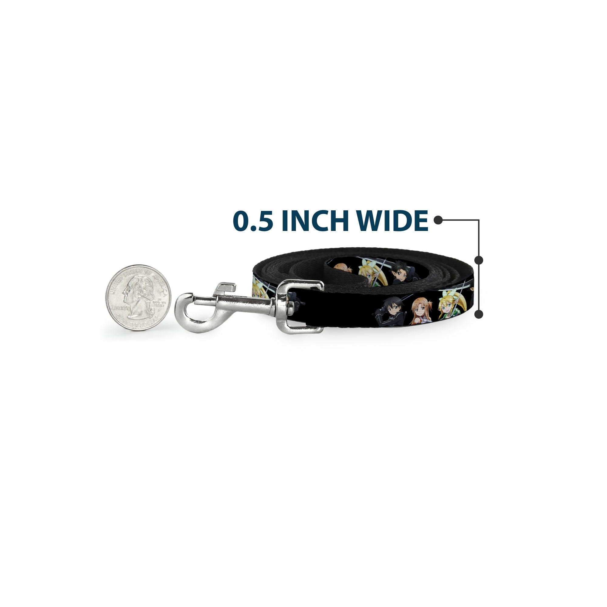Sword Art Online Pet Leash, Dog Leash, Sword Art Online Four Character Swords Group and Logo Black, 6 Feet Long 1.0 Inch Wide