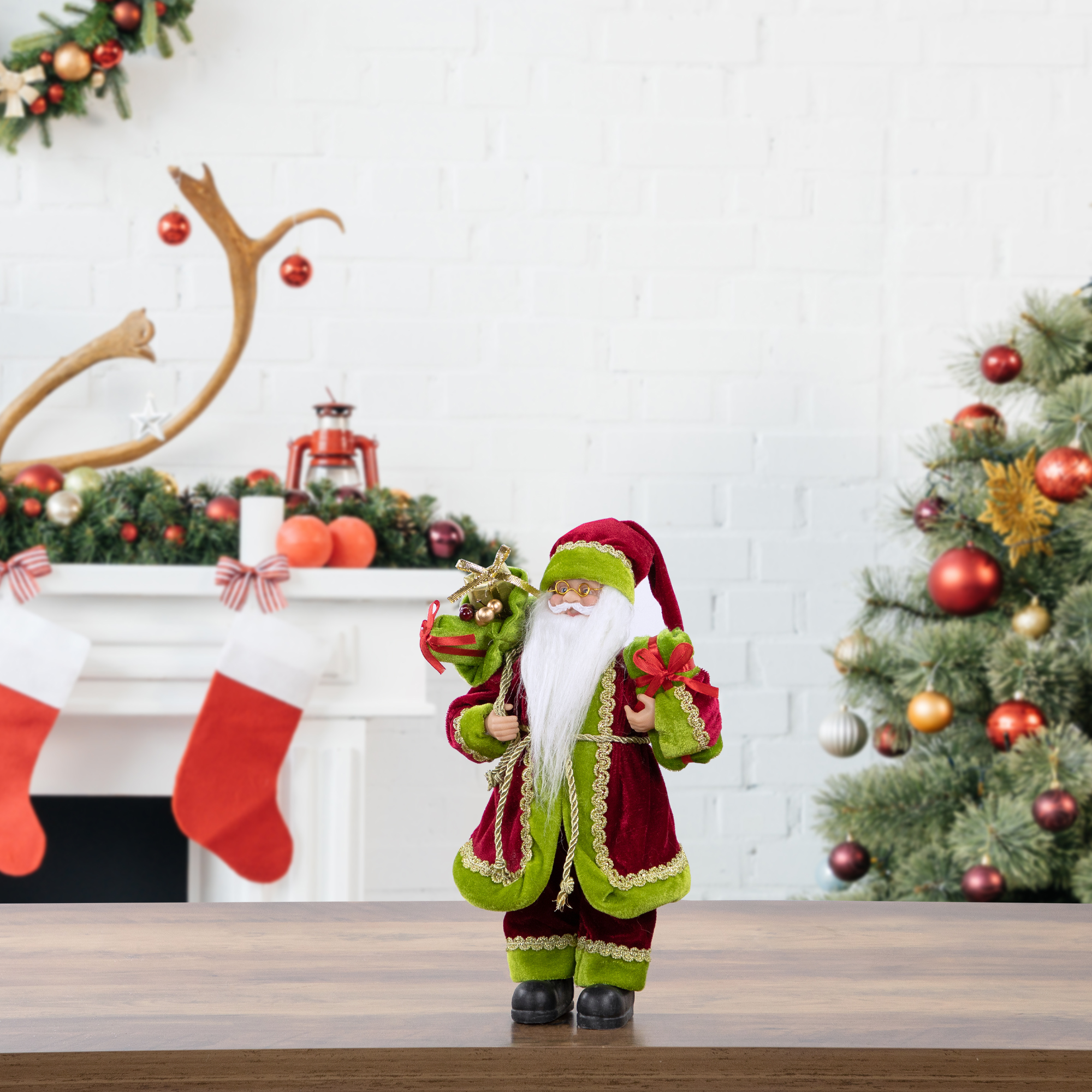 12" Red Green and Gold Standing Santa Claus Christmas Figure with Gift Bag