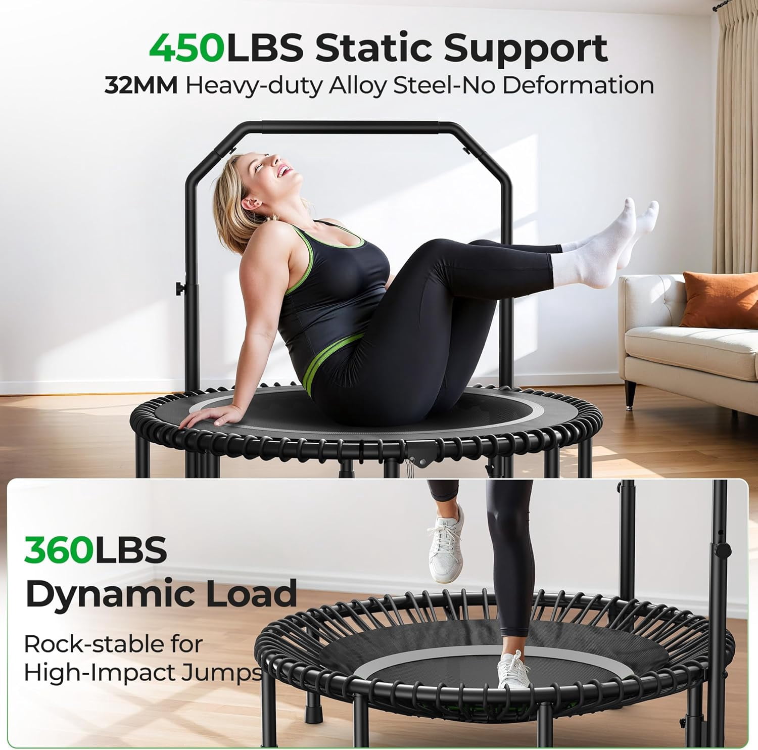BCAN BT2 48-Inch Adult Mini Rebounder Trampoline, 550-pound weight capacity, adjustable handrails, and a Silent Resistance Band Design, suitable for indoor and outdoor home workouts