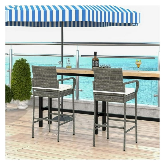 Yunken Set of 2 Patio Wicker Barstools with Padded Armrests and Soft Cushions, Outdoor Counter Height Stools for Porch, Backyard, and Bar