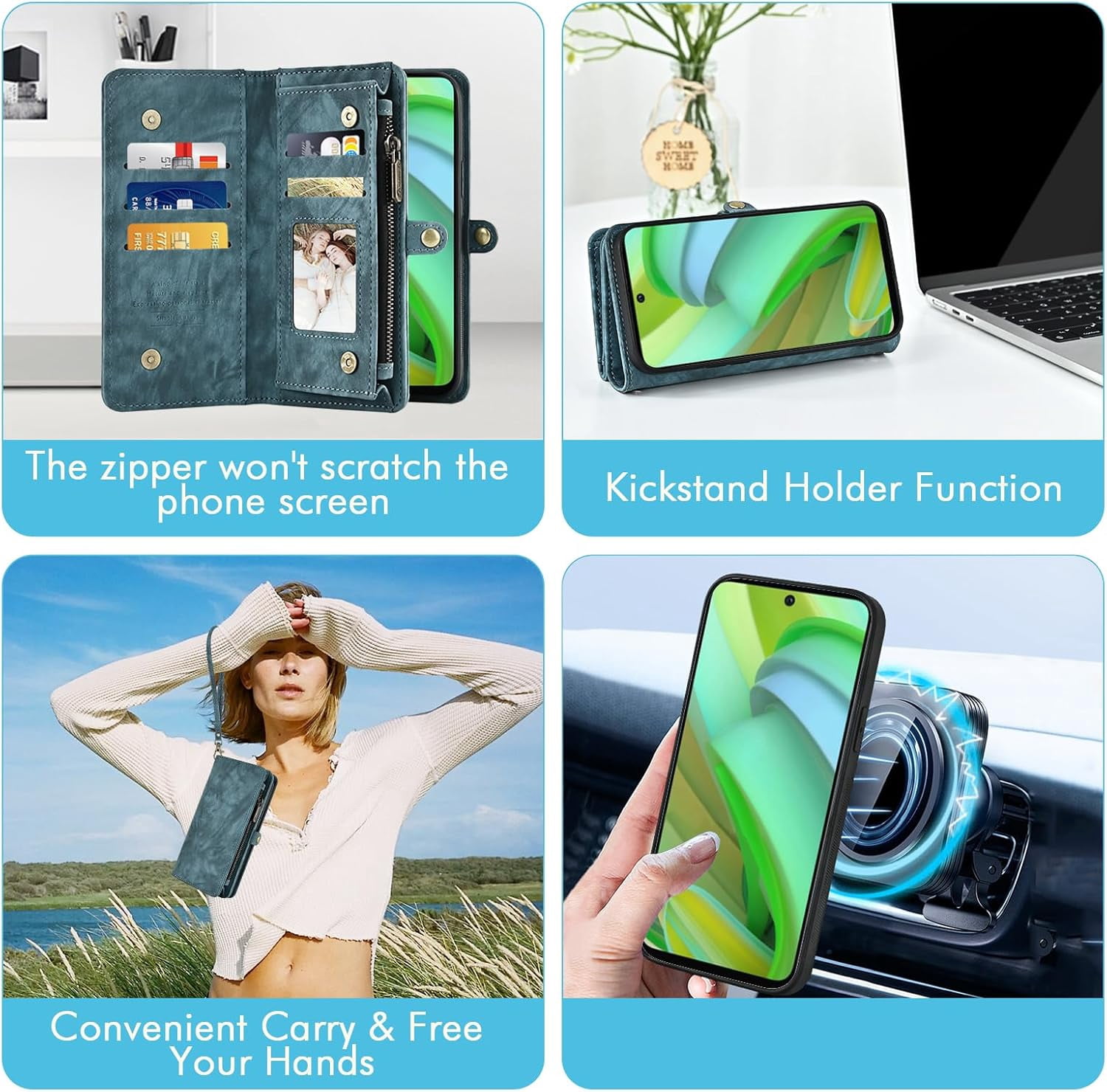 Asuwish Phone Case for Motorola Moto G Power 5G 2023 Zipper Wallet Detachable Cell Cover with Tempered Glass Screen Protector Crossbody Lanyard Strap Flip Card Holder Slot GPower G5 Women Girls Blue