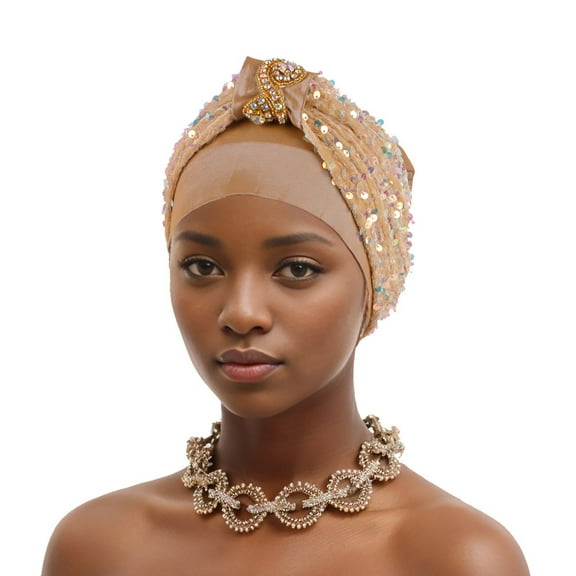 ZQUUVOU Sequin Turban for Women Pre-Tied Head Wraps Glitter Twisted Beanie Cap Headwear Rhinestone Soft Stretchy Turbans Khaki B