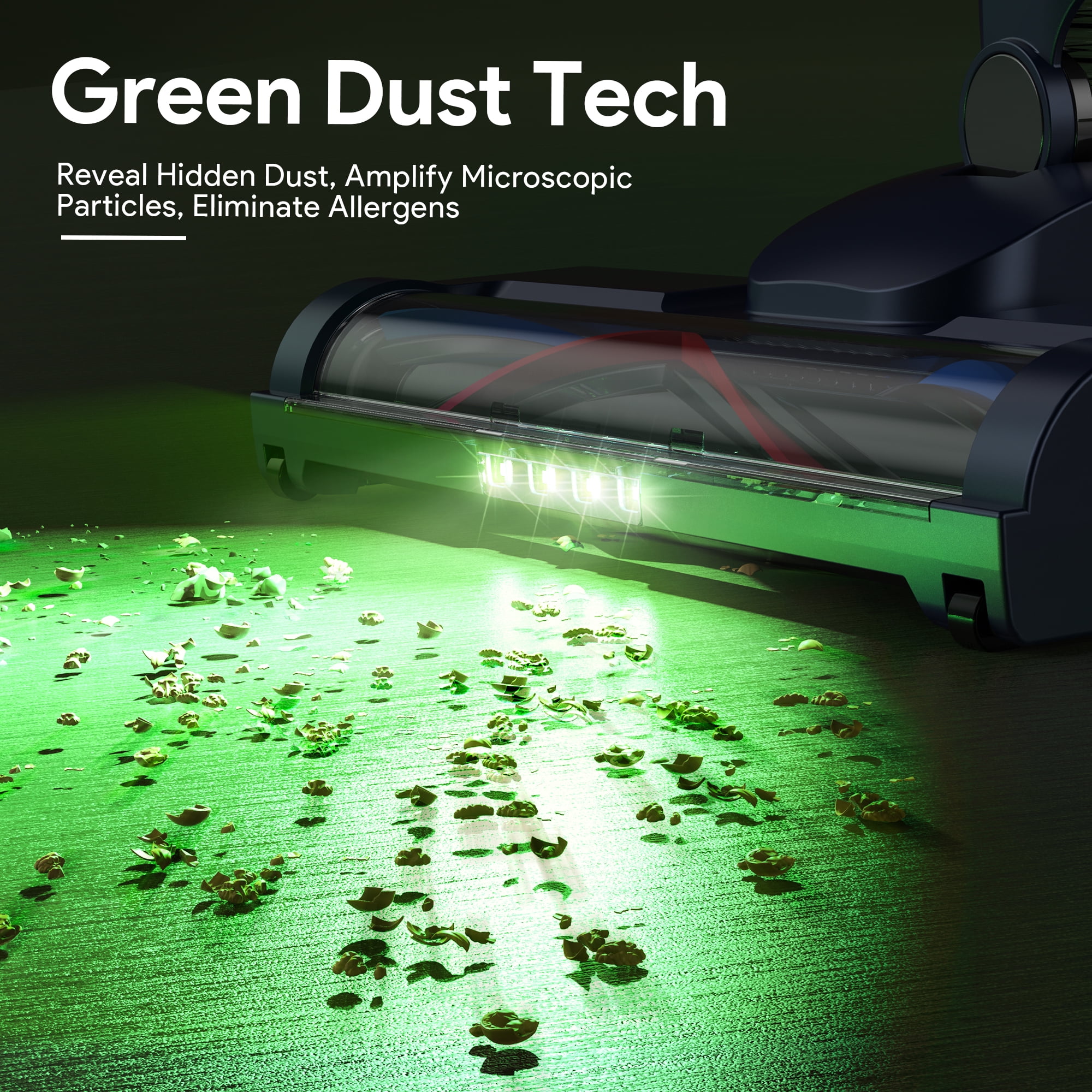 Qunler Cordless Vacuum Cleaner for Home, Self-Standing Stick Vacuum with Rechargeable 2200mAh Detachable Battery for Hardwood Floors, Carpets, and Pet Hair, Green LED Lights Reveal Invisible Dust