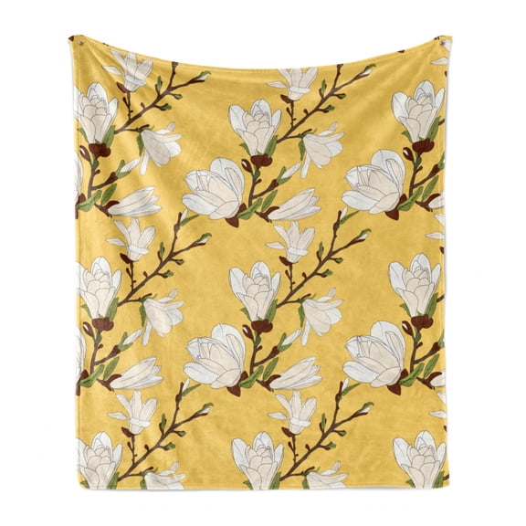 Floral Soft Flannel Fleece Blanket, Retro Magnolia Tree Branch Flourishing Fragrance Blossoms Pattern Print, Cozy Plush for Indoor and Outdoor Use, 50" x 60", Mustard Brown and Green, by Ambesonne