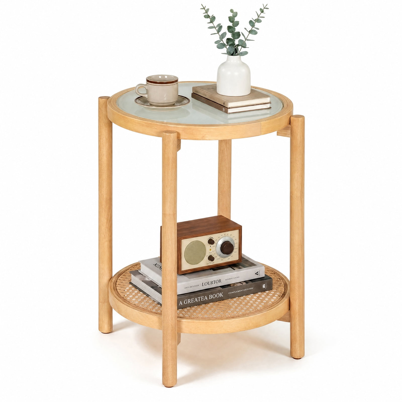 Furnibear Round Side Table 2 Tier Boho End Table with Tempered Glass Top and Woven Rattan Shelf on Acacia Wood Legs for Living Room, Natural