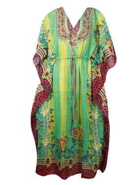 Mogul Women Green Maxi Caftan Jewel Print Holiday Dress Beach Cover Up Georgette Lounger Kaftan 4XL