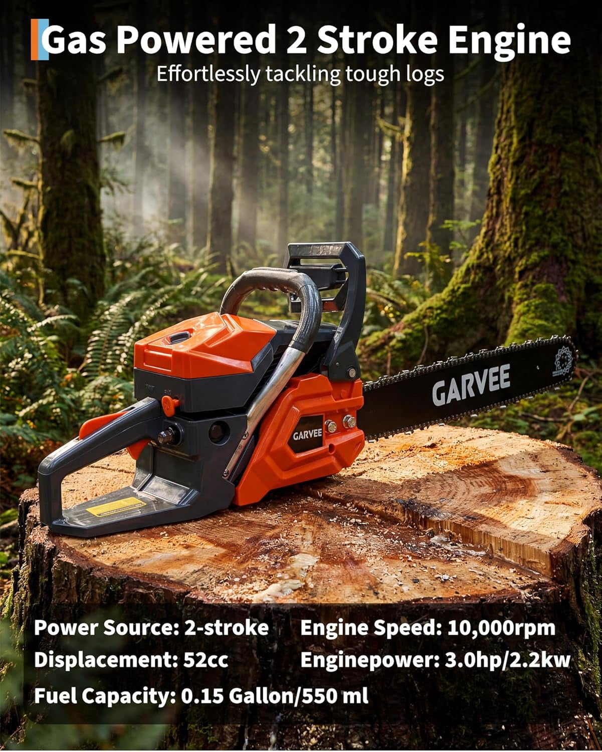 QinaQin 43cc Gas Powered Chainsaw,2-Stroke Engine with Quick Start & Ergonomic Non-Slip Handle for Efficient Wood Cutting,Orange