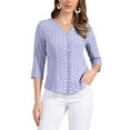 thumbnail image 1 of Blusa de mujer Inspire Chic con cuello en V, mangas 3/4, estampado de lunares y corazones, parte delantera con botones, color púrpura polvo, talla M, 1 of 5
