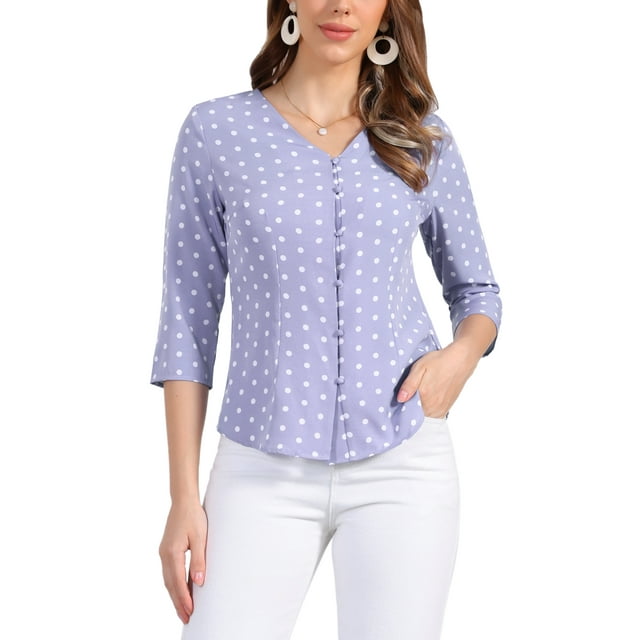 Blusa de mujer Inspire Chic con cuello en V, mangas 3/4, estampado de lunares y corazones, parte delantera con botones, color púrpura polvo, talla M