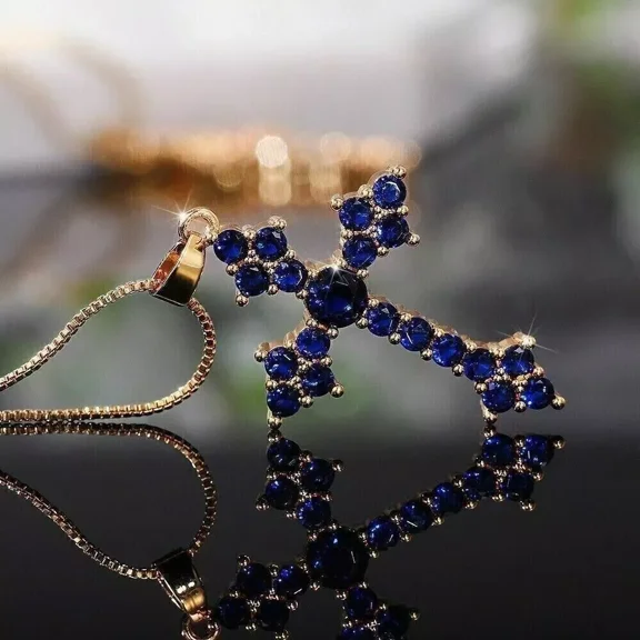 2TCW Round Cut Lab Created Blue Sapphire Women's Cross Pendant in 14K Rose Gold Plated