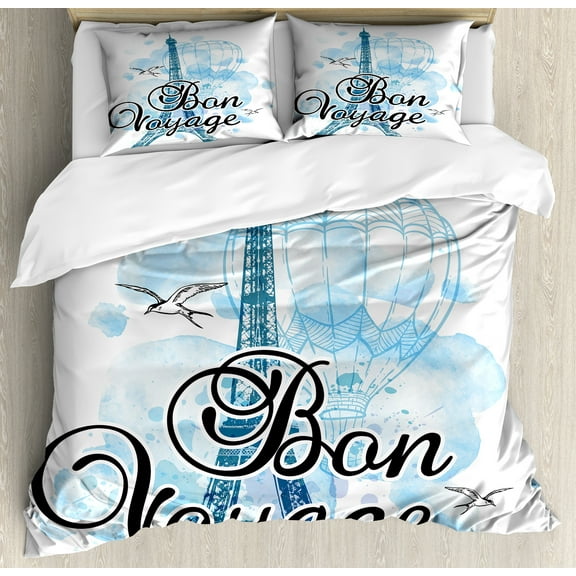 Going Away Party Duvet Cover Set, Eiffel Tower Air Balloon Watercolor Bon Voyage Bird Journey, Decorative 3 Piece Bedding Set with 2 Pillow Shams, King Size, Pale Blue Black Blue, by Ambesonne