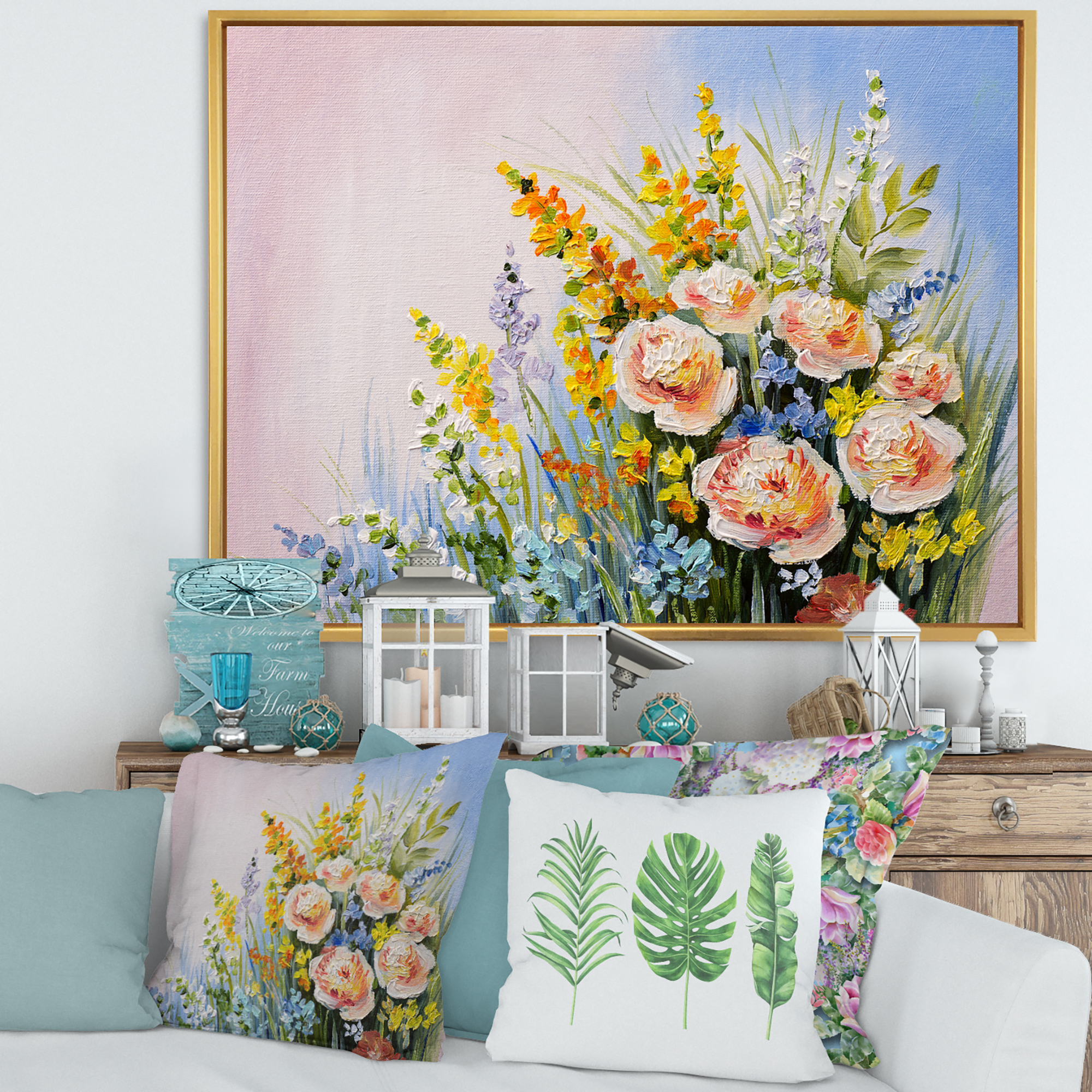 Designart 'Yellow and Pink Summer Wildflowers' Traditional Framed Canvas Wall Art Print