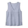 thumbnail image 4 of FDGIU Women's V Neck Wide Strap Tank Top, Solid Cotton Linen Woven Front Pin Tuck Loose Curved Hem Sleeveless Casual Camisole, 4 of 7