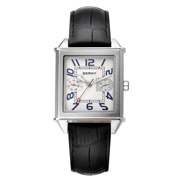 BERNY Square Watches for Men, Fashion Leather Strap Anolog Quartz Watch with Rectangular Case, Date Calendar, Classic Waterproof Mens Wrist Watch Gifts, White