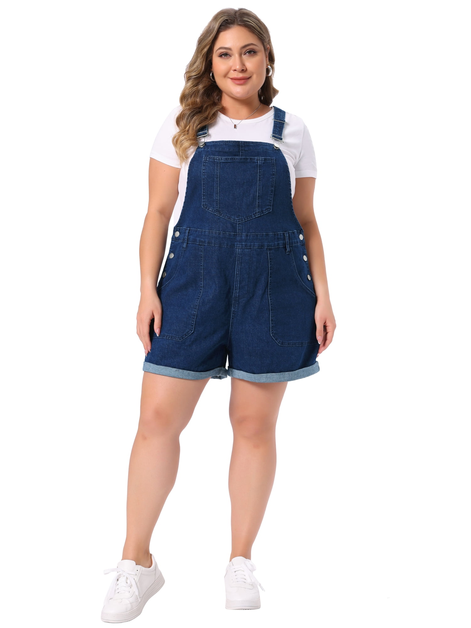 DARING DIVA Women's Plus Denim Overall Adjustable Straps Shorts 2X Dark Blue