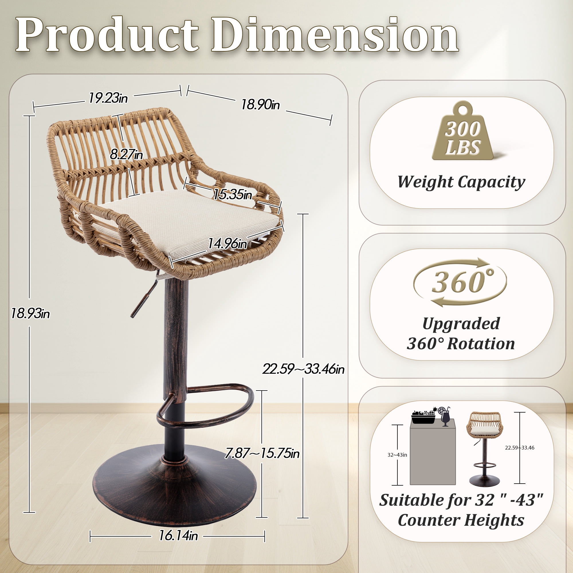 MOONMISS Swivel Bar Stools Set of 2, Modern Adjustable Counter Height Barstools with Back, Rattan Bar Chairs with Cushions & Metal Footrest, Pub Stools for Kitchen, Bar, Dining Room,Beige