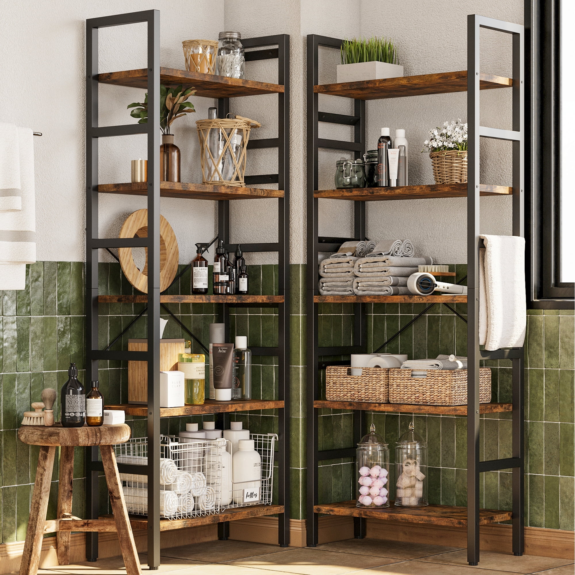 Triple 5 Tier Bookshelf, Large Wooden Bookcase with 17 Open Display Shelves, Modern Tree Book Shelf Metal Frame Tall Bookshelves Furniture for Living Room Bedroom Home Office Rustic Brown