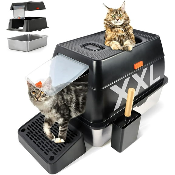 Kalolary Stainless Steel Cat Litter Box with Lid, Removable Metal Tray for Large Cats, Top Entry, High-Sided Enclosure, Scoop, Pedal, Anti-Leakage, Non-Sticky, Easy Cleaning (Black)