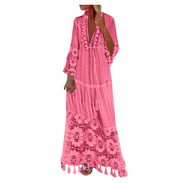 Fridja Mode Casual Bohème Grande Taille V-Cou Couleur Unie Dentelle Pompon Robe Longue