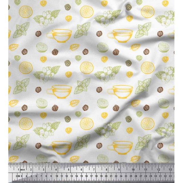 Soimoi White Poly Georgette Fabric Floral,Tea Cup & Lemon Slice Vegetable Print Fabric by Yard 52 Inch Wide
