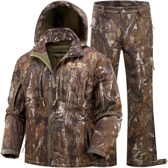 NEW VIEW Camouflage Hunting Clothes for Men, Silent Warm Hooded Jacket and Pants with Fleece Lined, Water-Resistant, Windproof Suits for Cold Weather (Tree Camo L)