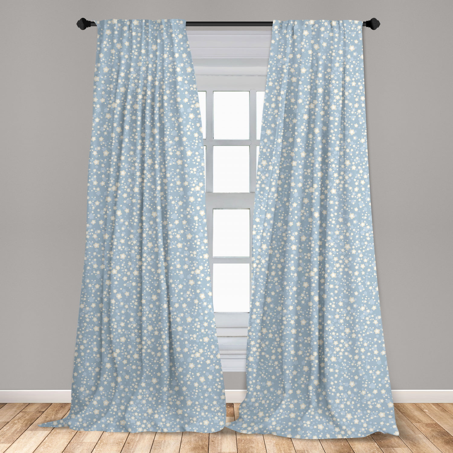 Ivory and Blue Curtains 2 Panels Set, Star Pattern on Silhouettes Background  Nursery Doodle Illustration, Window Drapes for Living Room Bedroom, 56