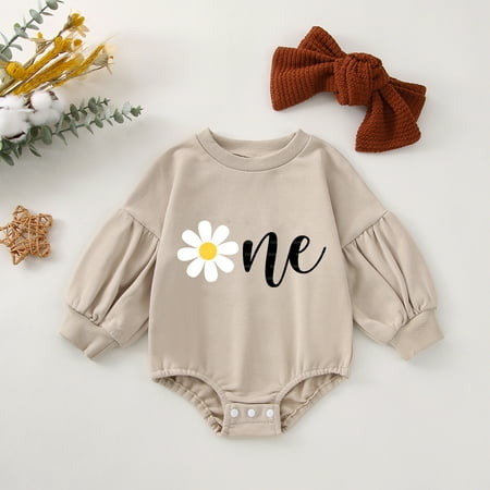 

Amuver Baby Girls Romper Set Long Sleeve Crew Neck Flower Letters Print Romper with Bowknot Hairband