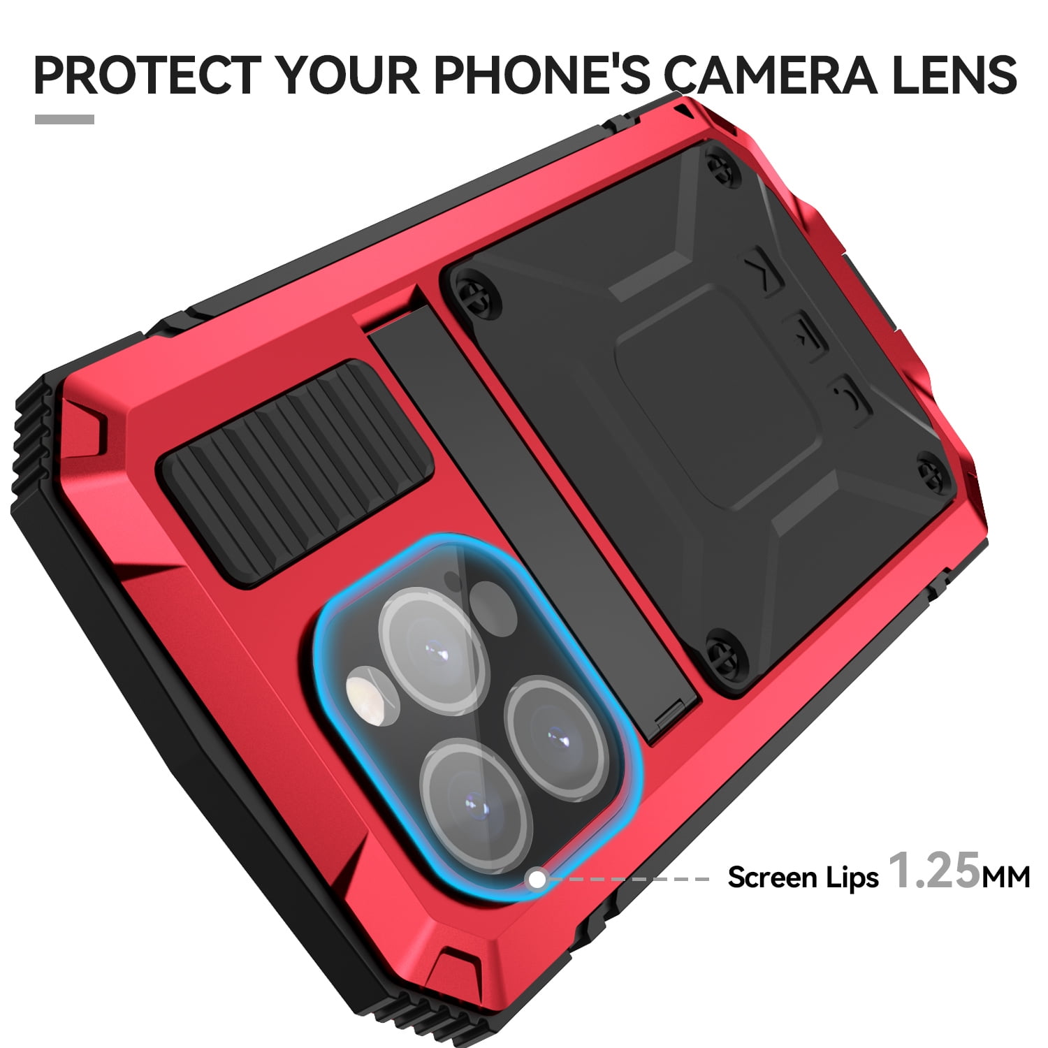Dteck for iPhone 15 Pro Case,Outdoor Sports Military Heavy Duty Metal Cover Shockproof Dustproof Full Body Case with Built in Tempered Glass Screen Protector Hybrid Kickstand Cover,Red