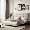 thumbnail image 3 of Shininglove King Size Upholstered Platform Bed Frame with Button Tufted Headboard, Wooden Slats Support, Beige, 3 of 6