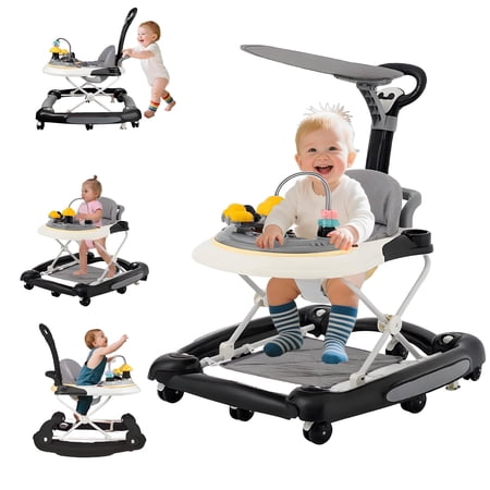 YUCHANG 5-in-1 Baby Walker for Boys and Girls 6 -24 Months - Foldable Height Adjustable with Wheels (BLACK)