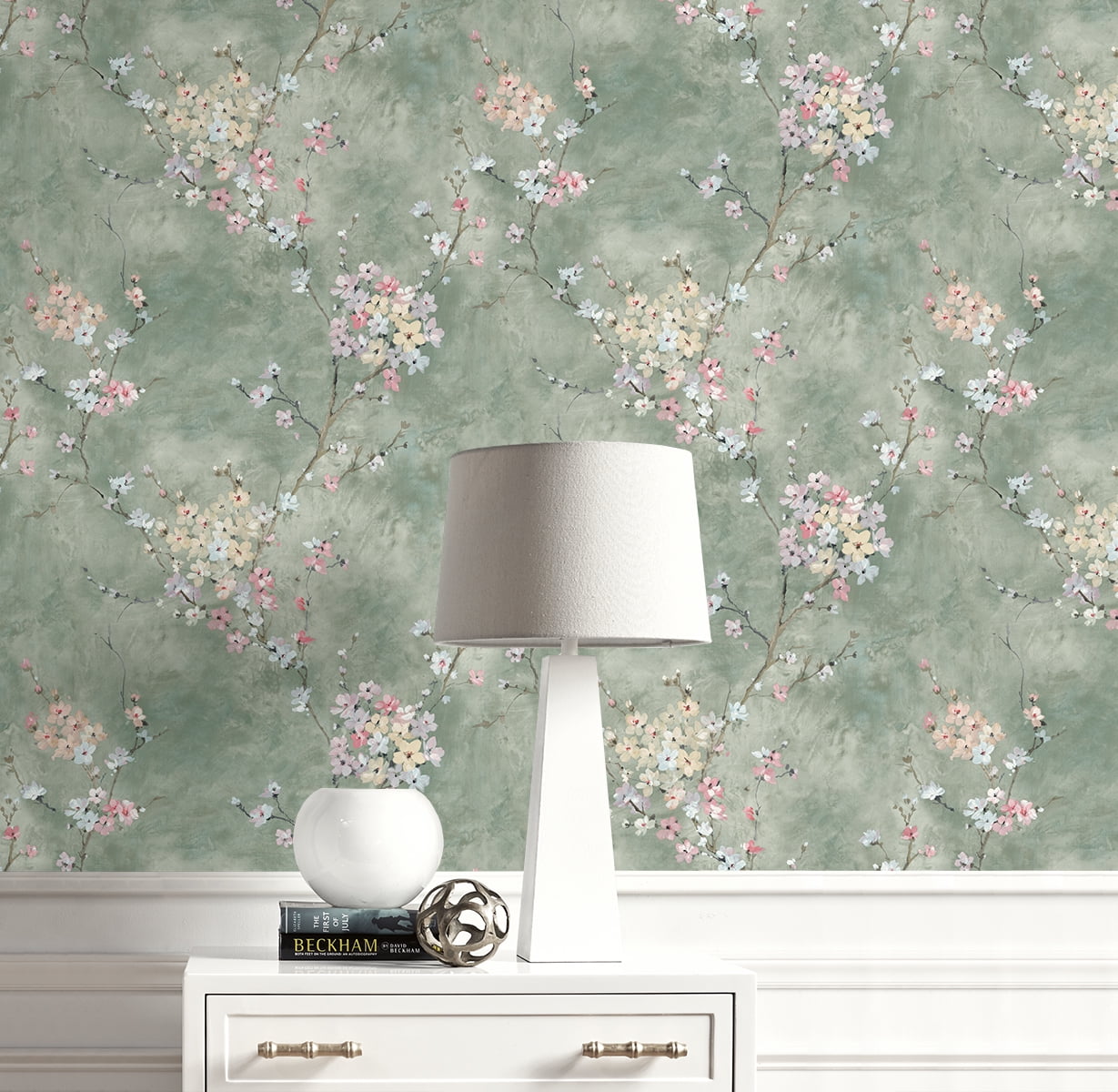 Harry & Grace Green Smoke Floral Blossom Peel and Stick Wallpaper - 27 in. W. x 18 ft. L. Roll