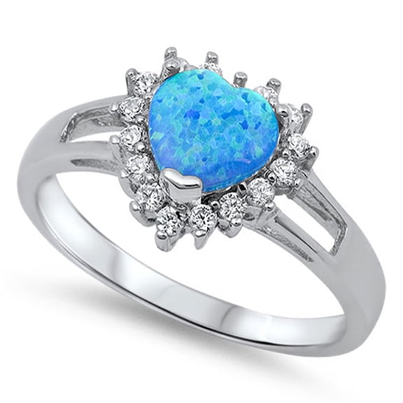 CHOOSE YOUR COLOR Blue Simulated Opal Heart Love Cutout Ring .925 Sterling Silver Band White CZ Female Size 4