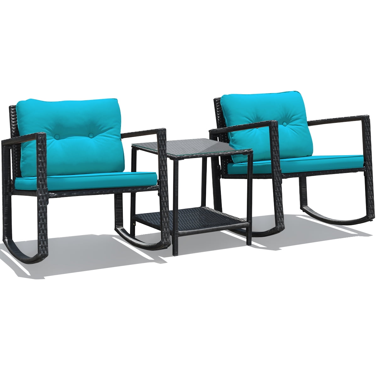 Patiojoy 3PCS Patio Chaise Chair Table Set Outdoor Rattan Furniture BlueCushion