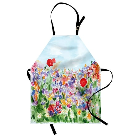- Watercolor Flower Apron Floral Summer Garden with Grass and Blooms Love Illustration Print, Unisex Kitchen Bib Apron with Adjustable Neck for Cooking Baking Gardening, Red Green Purple, by Ambesonne