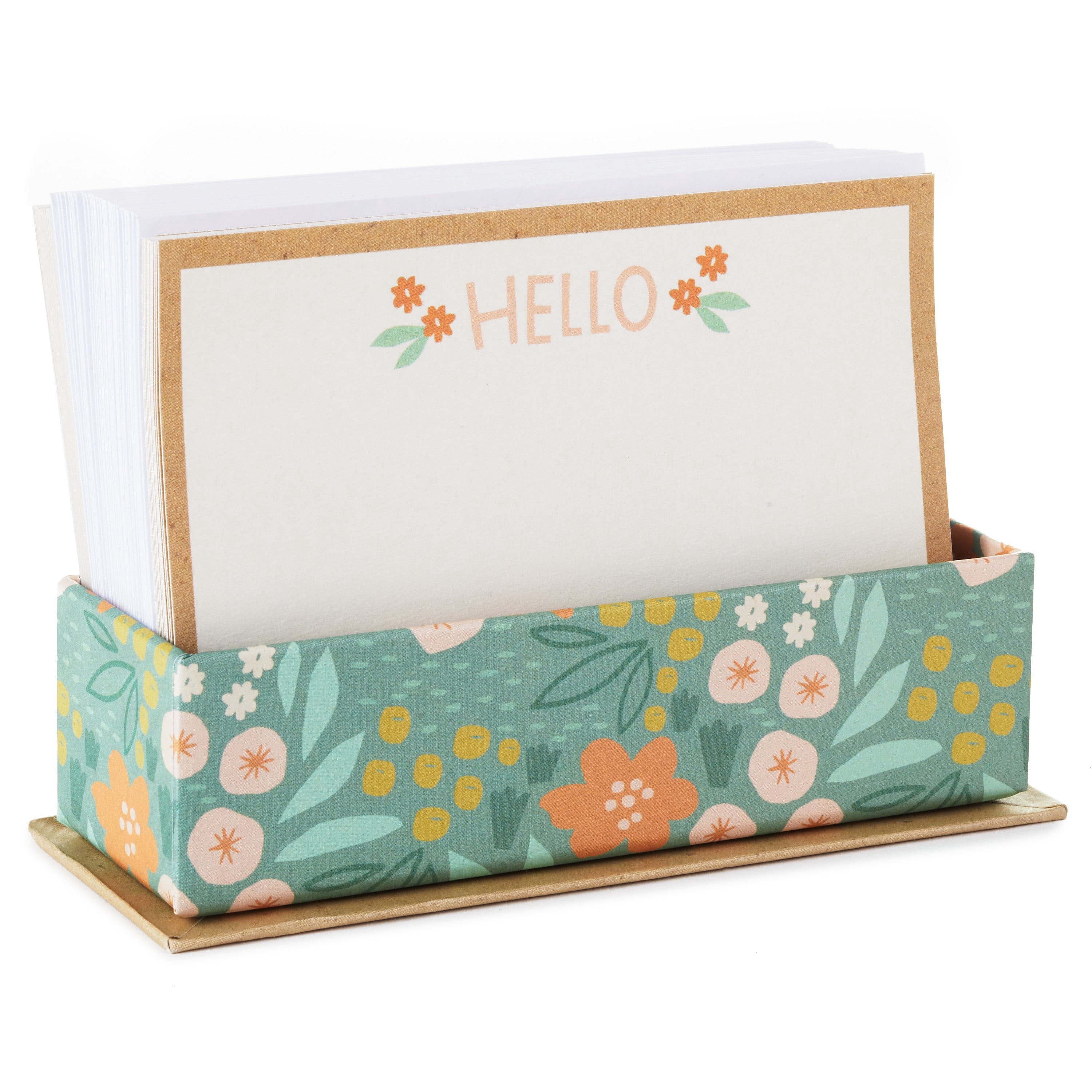 Hallmark Flat White 5.5" W x 4" H Note Cards in Caddy, Hello and Floral on Kraft, 40 Ct.