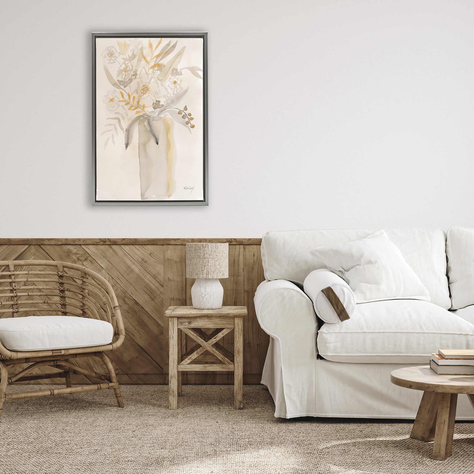 Stupell Industries Earthy Soft Flower Vase Gray Framed Floater Canvas Wall Art, design by Krinlox