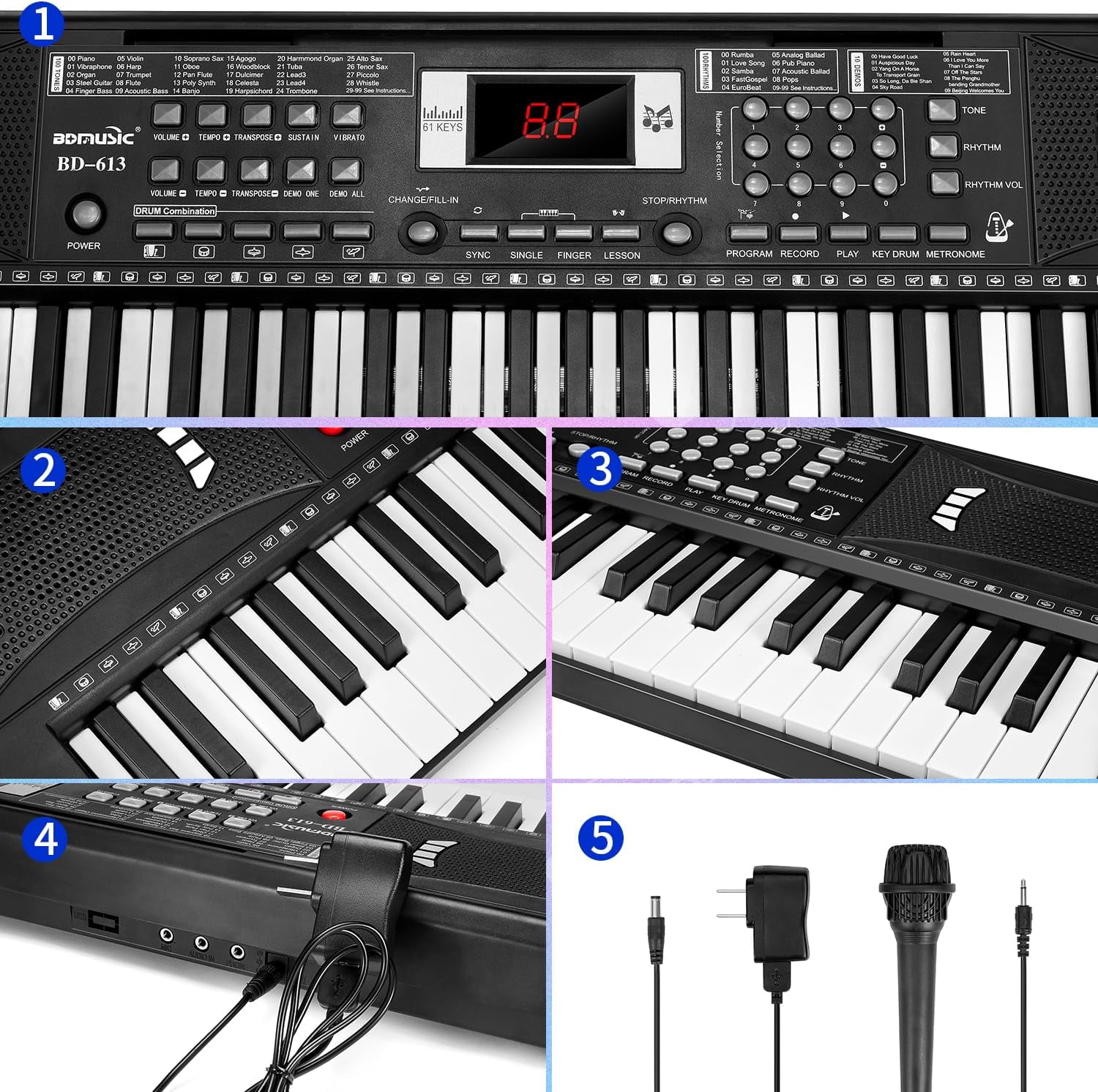 61 Keys Electronic Digital Piano with Microphone, Portable Keyboard for Beginners
