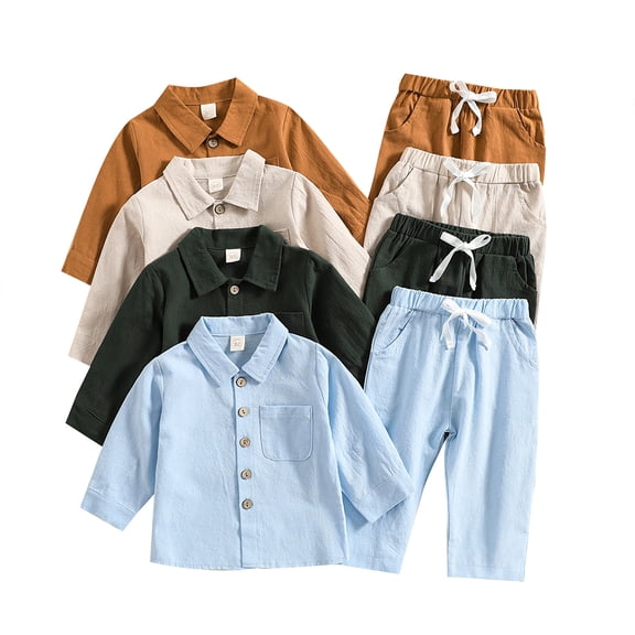 LYMAYTER Toddler Boys Spring Fall Cotton Linen Clothes Outfits 2PCS Baby Long Sleeve Button down Shirt Elastic Waist Pants for 6M-4Y