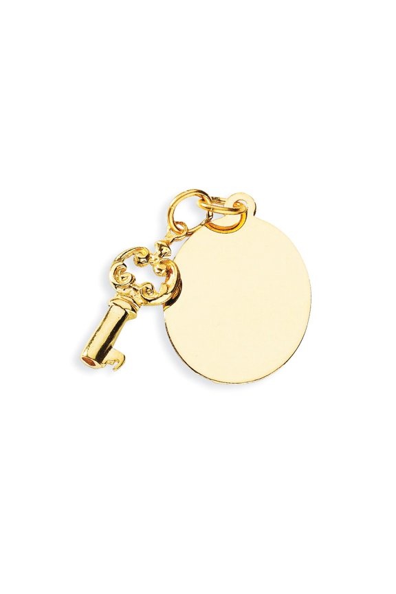 Real 14kt Yellow Gold Polished Engraveable Disc and Key Charm Pendant; for Adults and Teens; for Women and Men