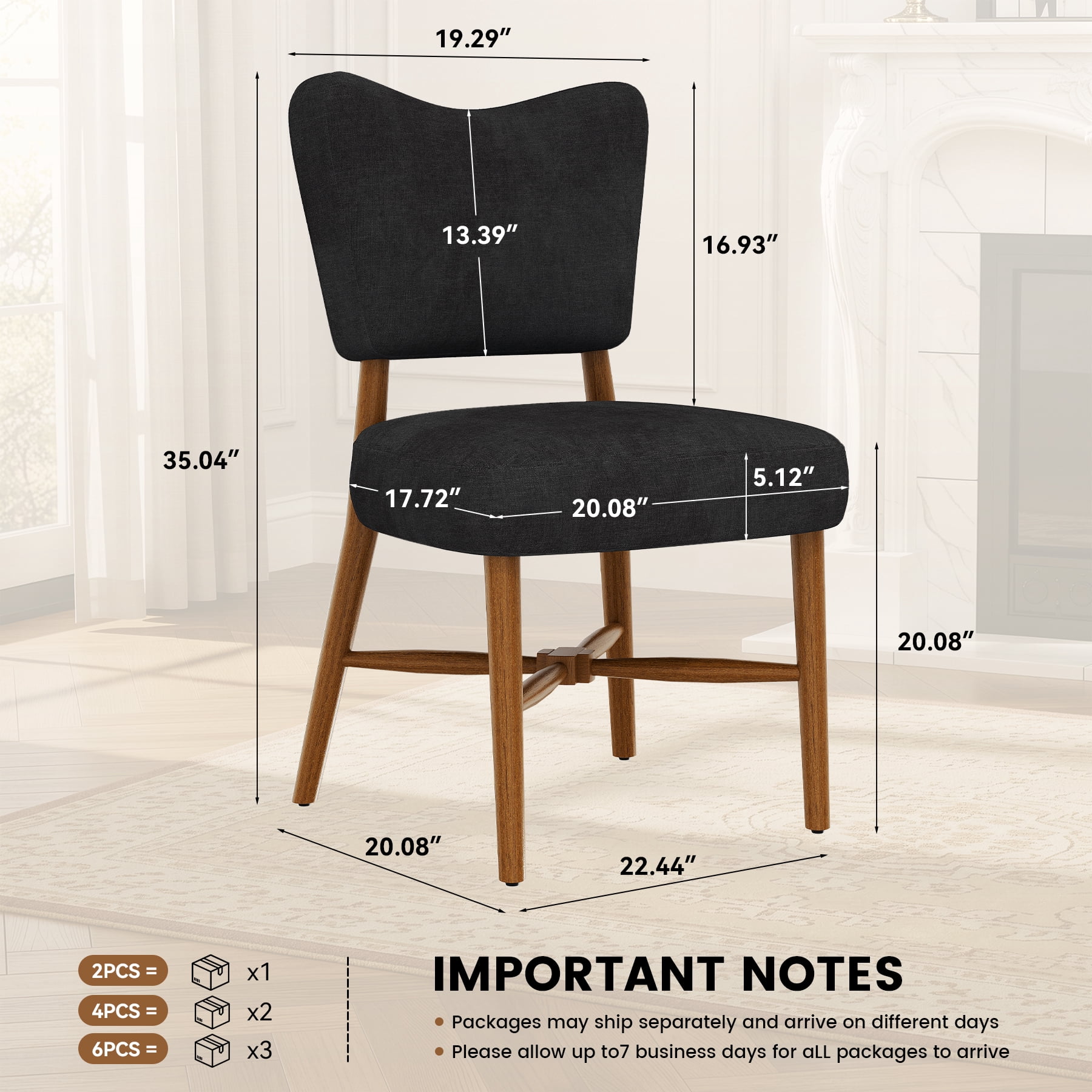 MOONMISS Upholstered Dining Chairs(Set of 2), Modern Farmhouse Accent Chairs with Solid Wood Legs, Fabric Kitchen & Dining Room Chairs,Black
