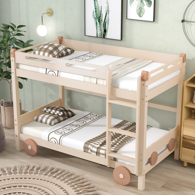 Twin Over Twin Bunk Bed with Wheels, Wooden Car-shaped Bed Frame