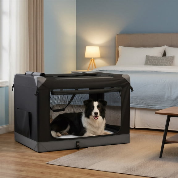 LEDREM Collapsible Dog Crate, Portable Oxford Fabric Pet Travel Crate with 4 Mesh Doors, Handles, Pockets, 30 Inches for Medium Dogs, Ink Black and Dove Gray