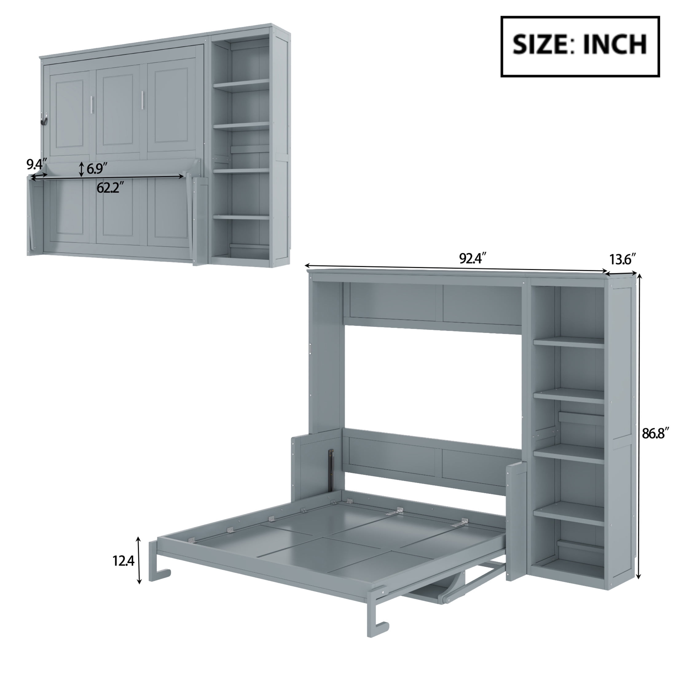 Noble House Zovaro Queen Murphy Bed with Built-in Desk and Integrated Side Bookshelf, Space-Saving Wall Bed, Gray