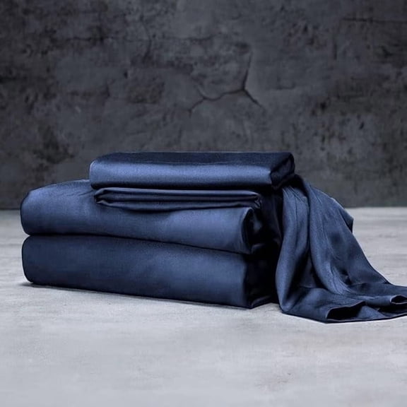 Mulberry Silk Satin Sheet Set - 4 Pc (1 Flat Sheet, 1 Fitted Sheet, 2 Pillowcases) - Smooth Bedding for Queen/King Bed - Wrinkle-Resistant, 15" Deep Pockets, Breathable & Cooling.(Navy Blue,QUEEN)