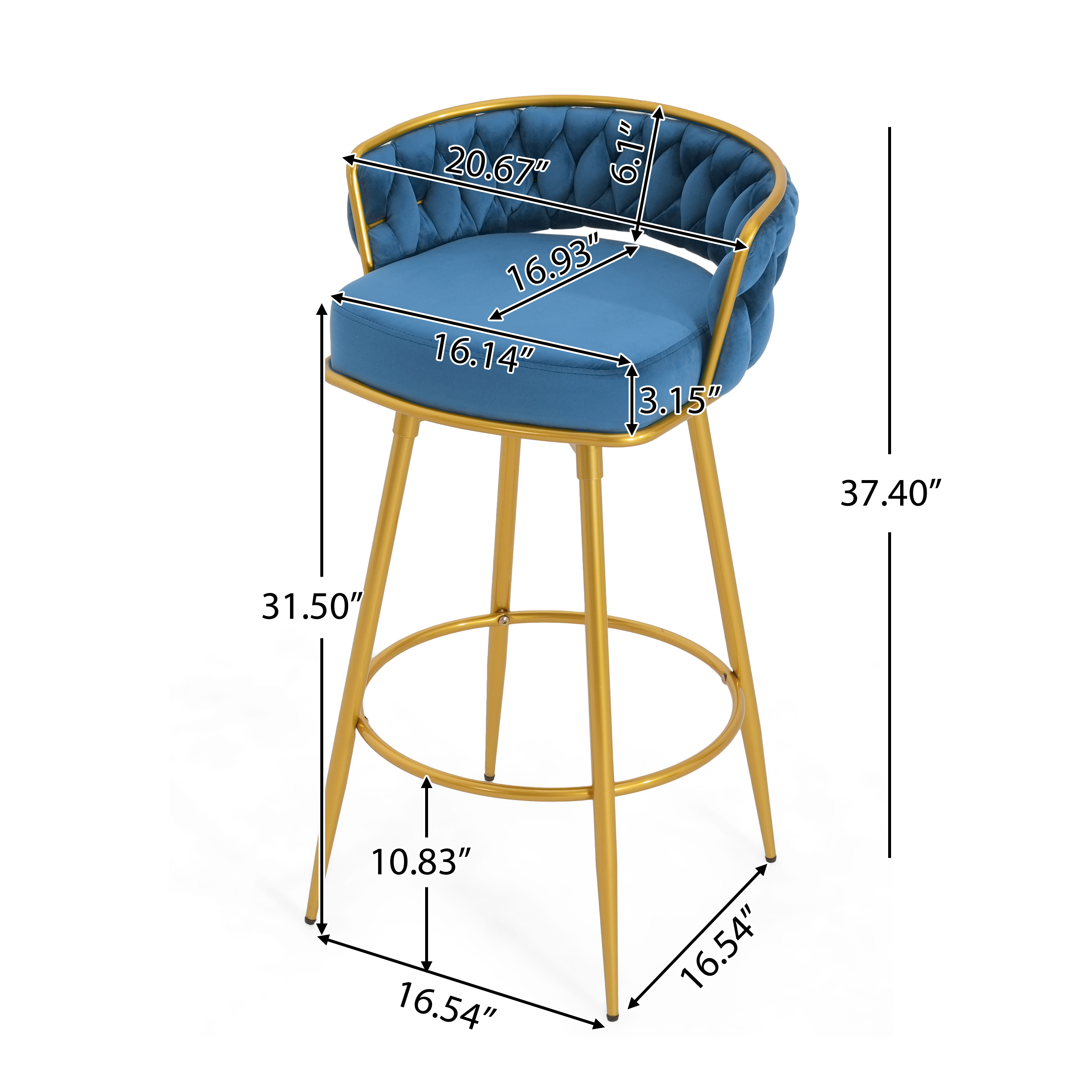 EUROCO Swivel Counter Height Bar Stools Set of 2, 31.5" Upholstered Bar Chairs with Hand-Woven Backrest & Gold Metal Legs,Tall Armless Kitchen Chairs for Island,Blue
